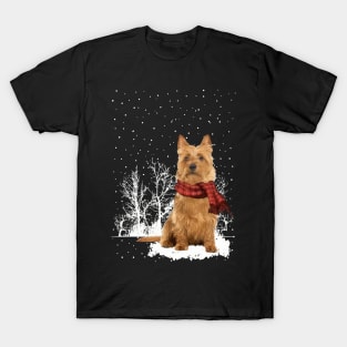 Christmas Australian Terrier With Scarf In Winter Forest T-Shirt